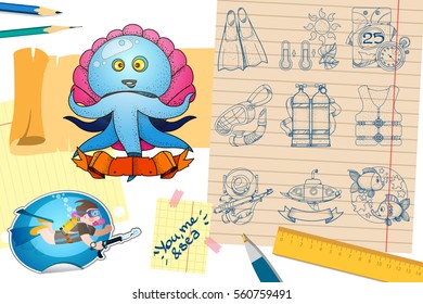 Diving set of color and outline illustration. Equipment for diving, diver and marine life.