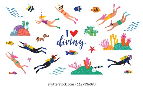 Diving set and elements white background  Vector illustration  Cute style 