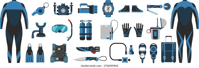 Conjunto de elementos de buceo. Hombre y mujer buceadora de Scuba en traje de baño, equipo de buceo y accesorios. Actividades náuticas y actividades deportivas aisladas. Recogida de material de buceo. Tipos vectoriales e iconos.