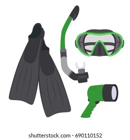 Diving set of elements, scuba gear and accessories. Underwater activity and sports items isolated. Scuba diving equipment collection. Snorkeling and scuba diving icon set.