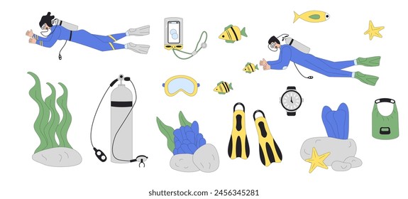 Diving set. Man and woman divers swimming in water suits, oxygen masks, tanks and equipment for scuba and snorkel. Underwater sea marine snorkeling sport. Flat line art vector illustration