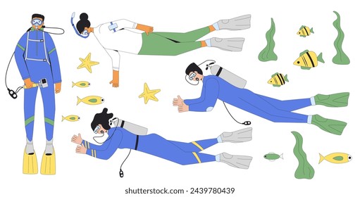 Diving set. Men and women divers swimming in water suits, oxygen masks, tanks and equipment for scuba and snorkel. Underwater sea marine snorkelling sport. Flat vector illustrations isolated on white