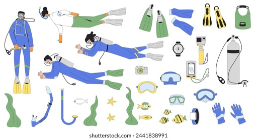Diving set. Men and women divers swimming in water suits, oxygen masks, tanks and equipment for scuba and snorkel. Flat line art vector illustrations isolated on white background