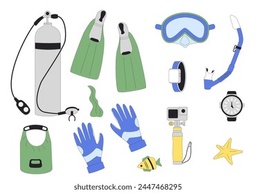 Diving set. Oxygen masks, tanks and equipment for scuba and snorkel. Underwater sea marine snorkelling sport. Flat line art vector illustrations isolated on white background