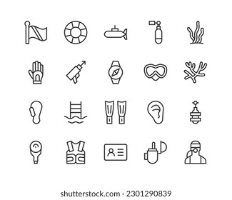 diving set of simple line icons. Collection of web icons for UIUX design. Editable vector stroke 24x24 Pixel Perfect