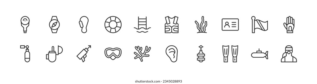 diving set of simple line icons. Collection of web icons for UIUX design. Editable vector stroke 24x24 Pixel Perfect