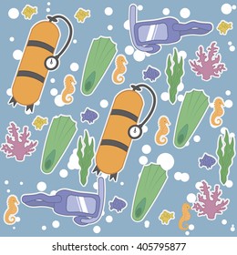 Diving Set. Vector. Pattern scuba, mask, fins, seaweed, coral, seahorse and air bubbles. Undersea world. Stylish set of diving
