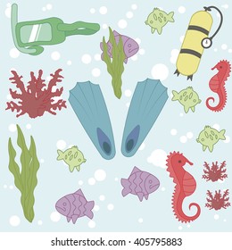 Diving Set. Vector. Pattern scuba, mask, fins, seaweed, coral, seahorse and air bubbles. Undersea world. Stylish set of diving
