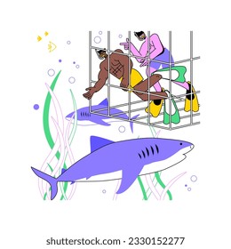 Diving with sharks isolated cartoon vector illustrations. Friends in a cage diving with sharks, underwater extreme adventure, tourism business, people traveling and snorkeling vector cartoon.