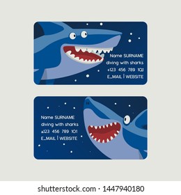 Diving with sharks set of business cards vector illustration. Cartoon fish character in blue sea or ocean background. Underwater nature and marine wildlife. Contact information.