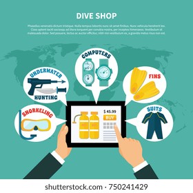 Diving shop composition with buying online scuba equipment, weapons for underwater hunting on turquoise background vector illustration