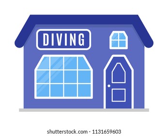Diving shop icon, symbol, store, market. The facade of the building in flat style. Sign of the house is blue color. Stylish cartoon image. Vector illustration isolated on white background.