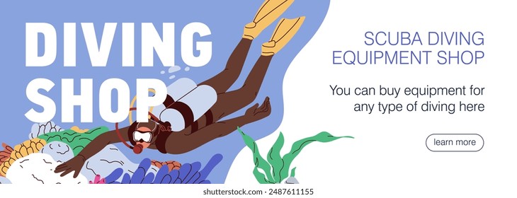 Diving shop, web-site banner design. Diver with aqualung, snorkeling gear, online store advertisement. Marine equipment, website, internet advertising background, template. Flat vector illustration