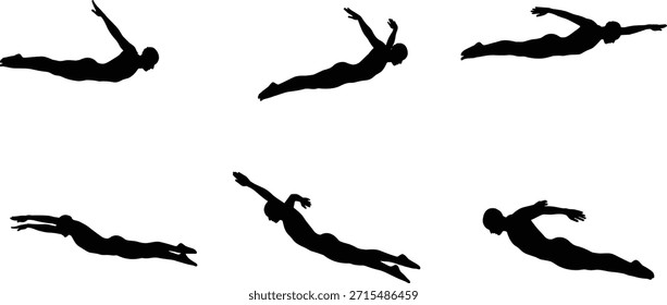 Silueta de buceo, movimiento del atleta, secuencia del salto, pose del aire, forma humana, movimiento dinámico, icono del deporte, control del cuerpo, entrada de salpicadura, técnica de buceo