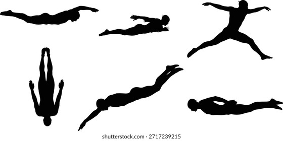 Silhouetten-Ikonensatz, schwarze Sprungposen, Vektorgrafiken für Sportler, Illustrationen für dynamische Bewegungen, minimale Sportsymbole, ausdrucksstarkes menschliches Design-Paket