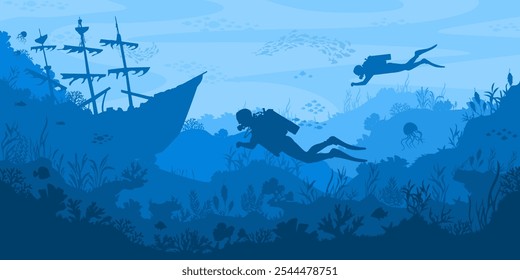 Diving silhouette landscape. Underwater adventure with scuba divers exploring marine life, sunken ship and coral reef. Deep sea exploration layered aquarium background vector illustration.