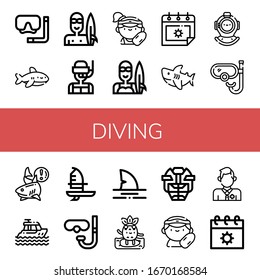 diving simple icons set. Contains such icons as Diving mask, Shark, Surfer, Dive, Lifeguard, Summer, Diving helmet, Snorkel, Yacht, Windsurf, can be used for web, mobile and logo