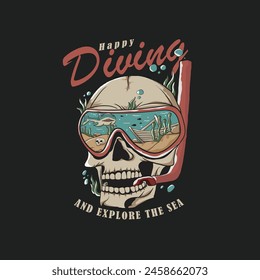 Diving skull vector illustration. Skeleton head with mask and tube, born from diving text. Seaside activity concept for diving club emblem or label template, with swimming goggles depicting underwater