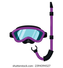 Diving and snorkel mask with pipe for underwater swimming vector flat illustration. Dive purple protective goggles with tube plastic equipment for water swim adventure sport hobby swimwear aqualung