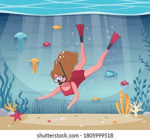 Diving snorkeling cartoon composition with female character dive under water with sea stars and colourful fishes vector illustration