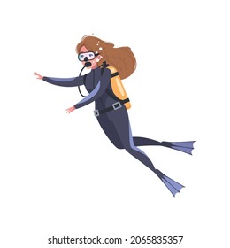Diving snorkeling cartoon composition with female diver character in suit vector illustration