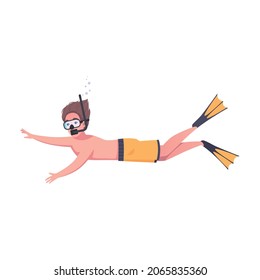 Diving snorkeling cartoon composition with male character of diving guy vector illustration