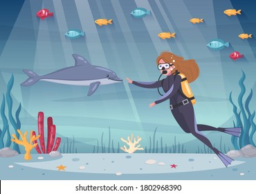 Diving snorkeling cartoon composition with ocean underwater scenery and sea plants with fishes and female diver vector illustration