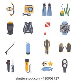 Diving and snorkeling flat decorative icons collection with aqualung wetsuit mask scuba spear gun isolated vector illustration 