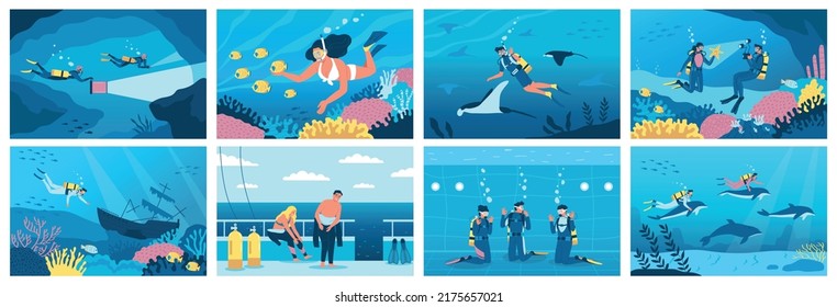 Afiche plano de buceo y buceo con tubo de buceo con deportistas nadando bajo el mar ilustración vectorial aislada