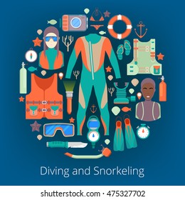 Diving and Snorkeling Icons Set with Scuba Equipment. Vector illustration