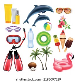 Diving snorkeling mask realistic set of isolated icons with accessories for swimming floating and sun protection vector illustration