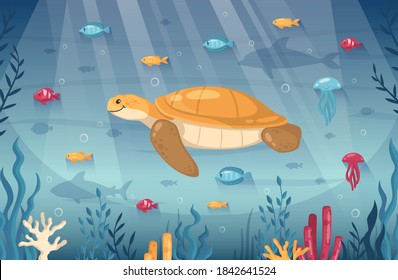 Diving snorkeling ocean underwater world cartoon background composition with smiling turtle jellyfish seaweeds coral reef vector illustration