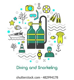 Diving Snorkeling Scuba Equipment Line Art Thin Vector Icons Set