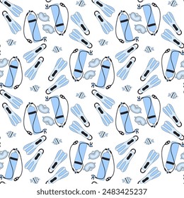 Diving Snorkeling seamless pattern. Scuba dive and underwater swimming endless background. Flippers, mask oxygen tank and fishes. Vector outline flat illustration.