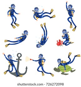 Diving and snorkeling set, diver in underwater swimming in mask snorkel and fins vector Illustrations
