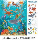 Diving and snorkeling. Underwater life. Find all marine animals in the picture. Find 10 hidden objects in the picture. Puzzle Hidden Items. Funny cartoon character. Vector illustration
