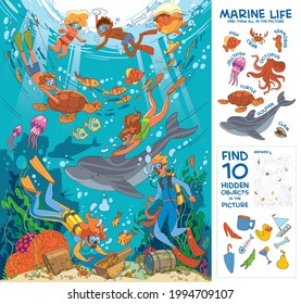 Diving   snorkeling  Underwater life  Find all marine animals in the picture  Find 10 hidden objects in the picture  Puzzle Hidden Items  Funny cartoon character  Vector illustration
