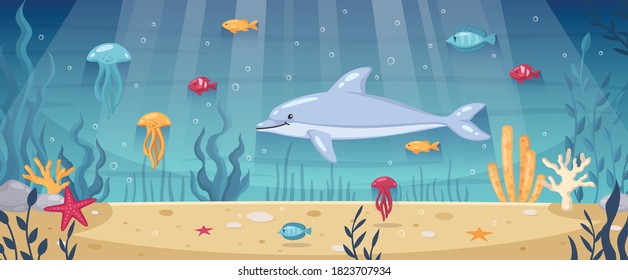 Diving Snorkeling Underwater World Cartoon Background With Dolphin Starfishes Ocean Floor Seaweeds Coral Reef Vector Illustration