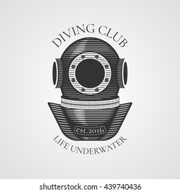 Diving and snorkeling vector logo, icon, symbol, emblem, sign, design element. Retro, vintage diving suit illustration