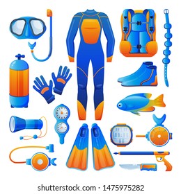 Diving and snorkelling equipment, icons and design elements set, isolated on white background. Vector flat cartoon illustration. Water and underwater extreme sports gears and accessories.