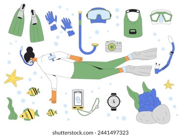 Diving snorkelling set. Woman diver swimming in water suits, oxygen masks, tanks and equipment for scuba and snorkel. Underwater sea marine sport. Flat line art vector illustration.