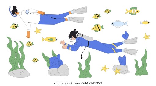 Diving snorkelling set. Women divers swimming in water suits, oxygen masks, tanks and equipment for scuba and snorkel. Underwater sea marine summer beach sport. Flat line art vector illustrations.