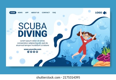 Diving Social Media Landing Page Template Flat Cartoon Background Vector Illustration