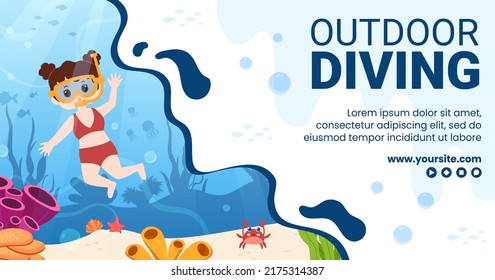 Diving Social Media Post Template Flat Cartoon Background Vector Illustration