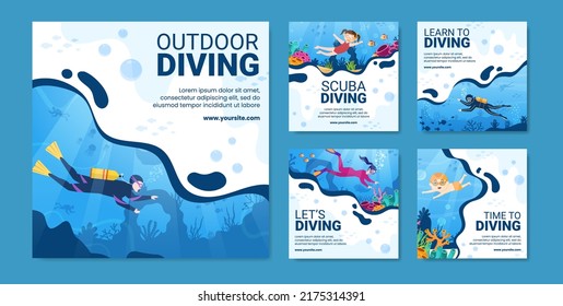 Diving Social Media Post Template Flat Cartoon Background Vector Illustration