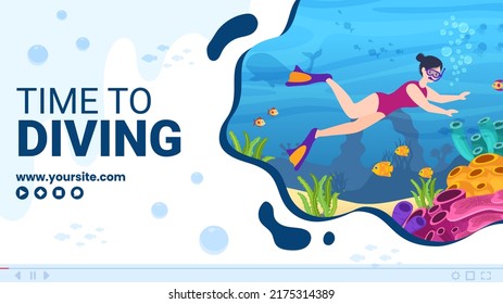 Diving Social Media Video Channel Template Flat Cartoon Background Vector Illustration