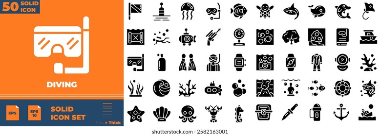 Diving Solid Editable Icons set. Vector illustration in modern thin solid style of diving icons: scuba, snorkeling, wetsuit, etc