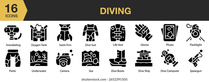 Diving solid icon set. Editable Stroke Icon Collection. Includes water, underwater, diver, ocean, sport, and More. Solid icons vector collection.