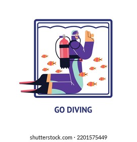 Diving sport activity banner or poster mockup with cartoon character of diver flat vector illustration. Diving extreme recreation activity and dive equipment.