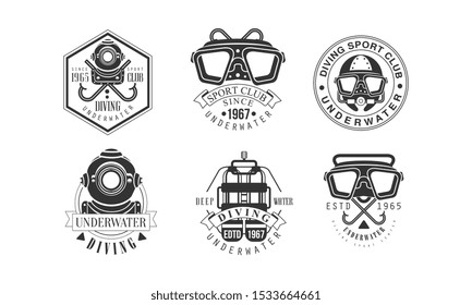 Diving Sport Club Retro Logo Templates Set, Deep Water Monochrome Badges Vector Illustration